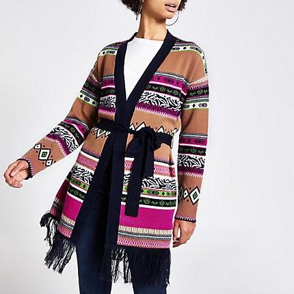 River Island Womens Aztec Tie Belted Tassel Hem Cardigan