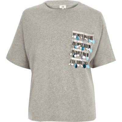 River Island Womens Disk Sequin Pocket Boxy T-shirt