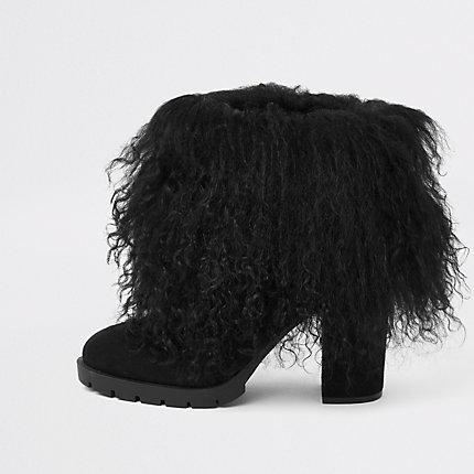 River Island Womens Mongolian Fur Cuff Block Heel Boots