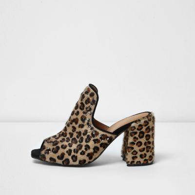 River Island Womens Leopard Print Rhinestone Stud Mules