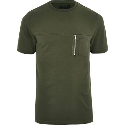 River Island Menskhaki Crew Neck Zip Pocket T-shirt