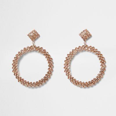 River Island Womens Rose Gold Tone Rhinestone Hoop Drop Earrings