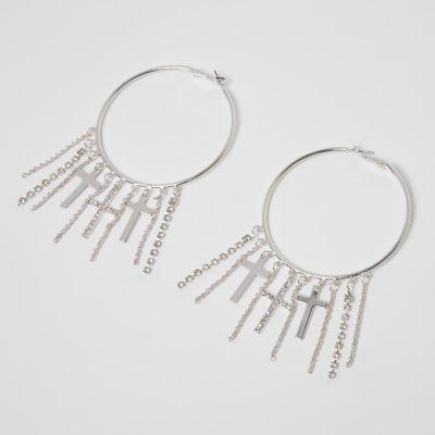 River Island Womens Silver Tone Cross Tassel Hoop Earrings