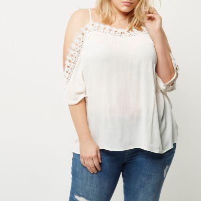 River Island Womens Plus White Crochet Cold Shoulder Top