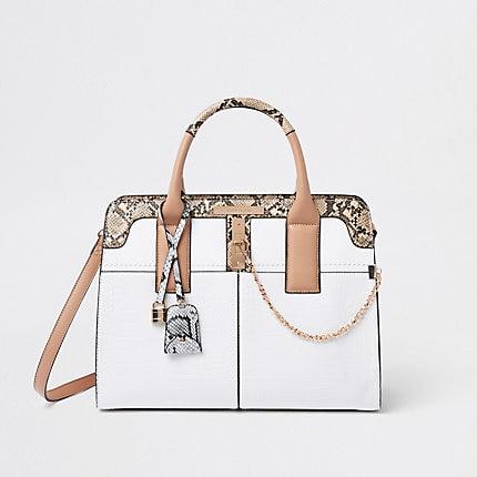 River Island Womens White Lock Front Croc Tote Bag