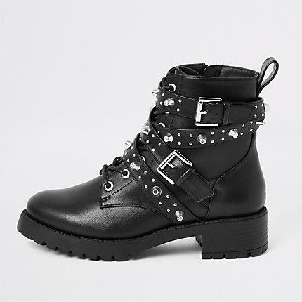 River Island Womens Studded Buckle Lace-up Boots