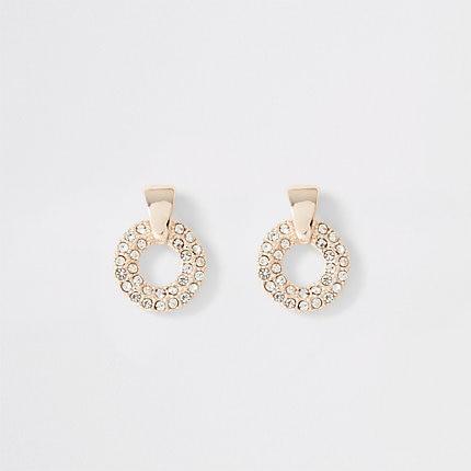 River Island Womens Rose Gold Diamante Paved Ring Stud Earrings