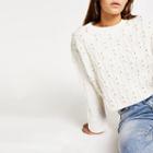 River Island Womens Petite White Cable Knit Studded Crop Jumper