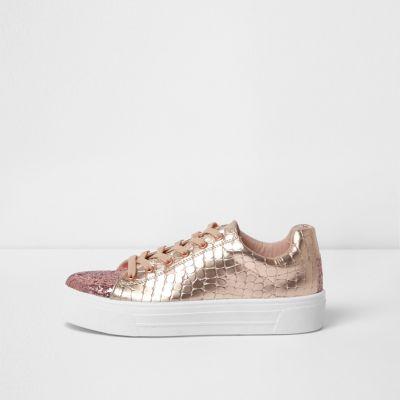 River Island Womens Rose Gold Metallic Glitter Lace-up Trainers