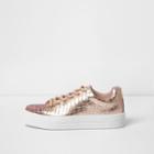 River Island Womens Rose Gold Metallic Glitter Lace-up Trainers
