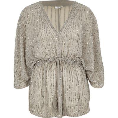 River Island Womens Sequin Embellished Tie Waist Kimono Top