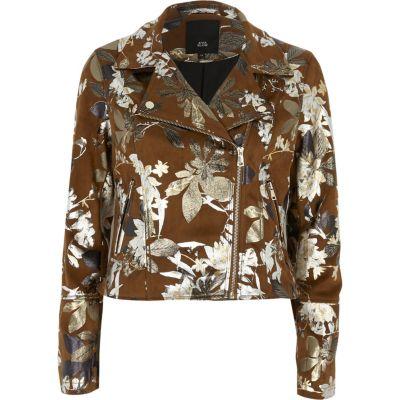 River Island Womens Foil Floral Faux Suede Biker Jacket