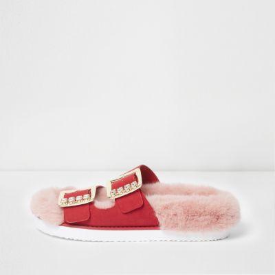 River Island Womens Faux Fur Diamante Buckle Sandals