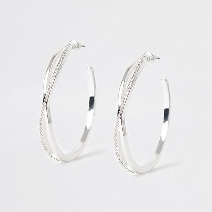 River Island Womens Silver Colour Twist Diamante Hoop Earrings
