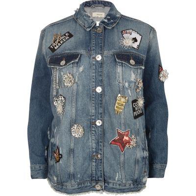 River Island Womens Brooch Distressed Oversized Denim Jacket