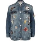River Island Womens Brooch Distressed Oversized Denim Jacket