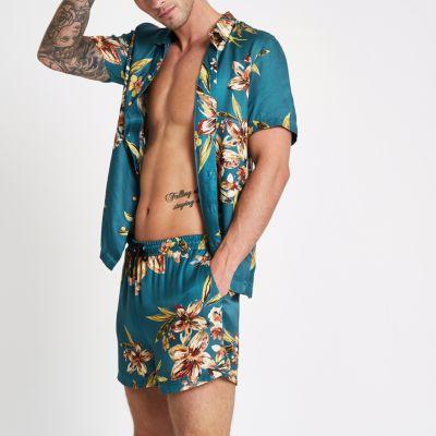 River Island Mens Teal Floral Print Swim Shorts