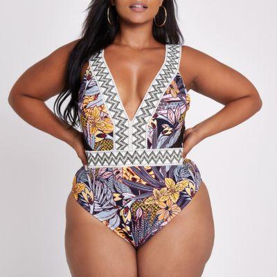 River Island Womens Plus Floral Plunge Swimsuit
