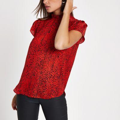 River Island Womens Leopard Print Frill High Neck Top