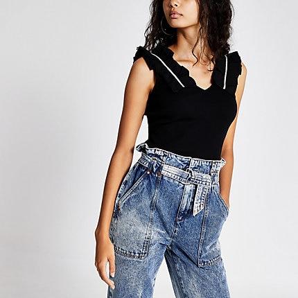 River Island Womens Ribbed Diamante Trim Frill Vest Top