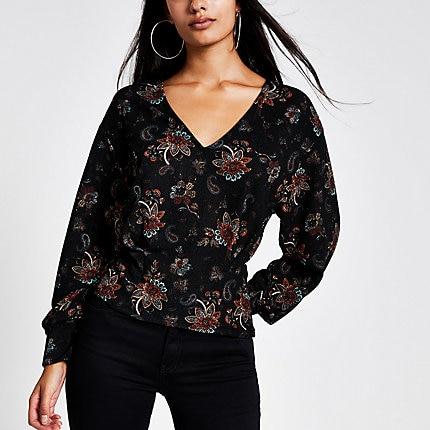 River Island Womens Paisley Long Puff Sleeve V Neck Top