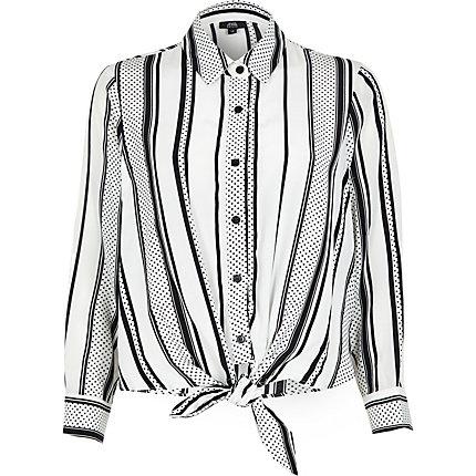 River Island Womens Petite White Spot Stripe Tie Front Shirt