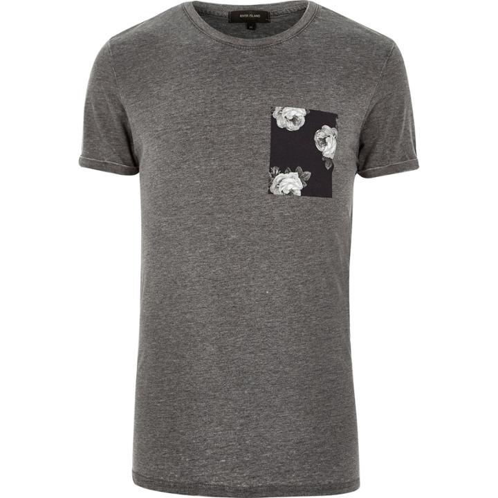 River Island Mensgrey Floral Pocket T-shirt
