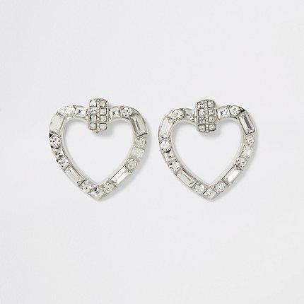 River Island Womens Silver Color Rhinestone Heart Earrings