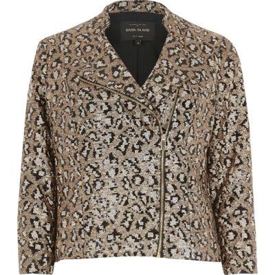 River Island Womens Gold Leopard Print Sequin Biker Jacket