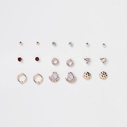 River Island Womens Gold Tone Opal Rhinestone Stud Earrings Pack