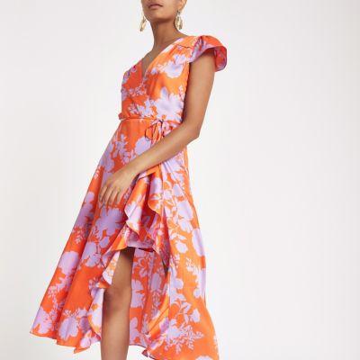 River Island Womens Floral Frill Wrap Front Midi Dress