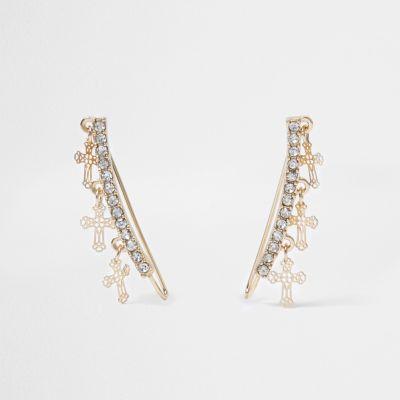 River Island Womens Gold Tone Cross Rhinestone Cuff Earrings