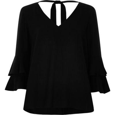 River Island Womens Double Bell Sleeve Tie Back V Neck Top