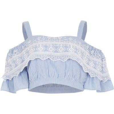 River Island Womens Stripe Frill Cold Shoulder Crop Top