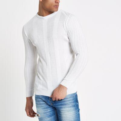 River Island Mens White Long Sleeve Ribbed Muscle Fit Sweater
