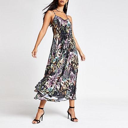 River Island Womens Print Satin Pleated Maxi Dress