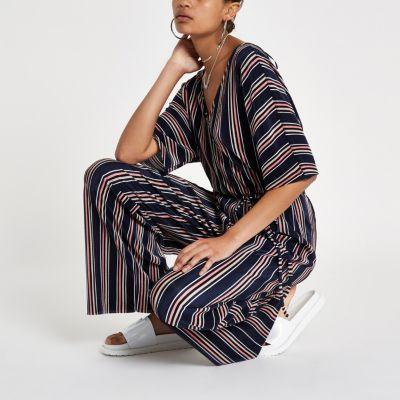 River Island Womens Stripe Plisse V Neck Jumpsuit
