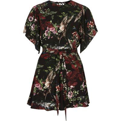 River Island Womens Floral Print Flare Sleeve Tie Romper