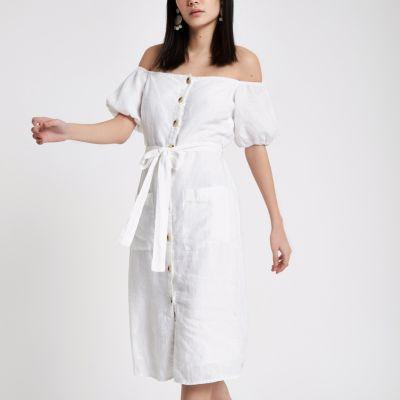 River Island Womens White Button Up Bardot Dress
