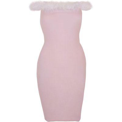 River Island Womens Fluffy Trim Bardot Bodycon Dress
