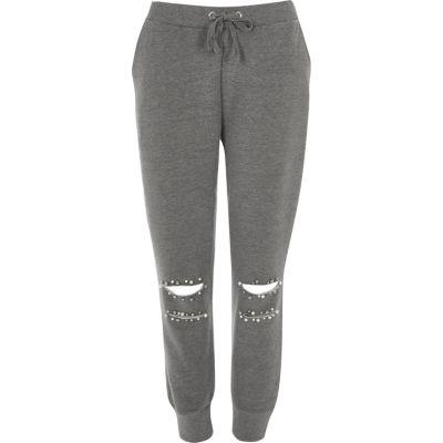 River Island Womens Faux Pearl Ripped Knee Joggers