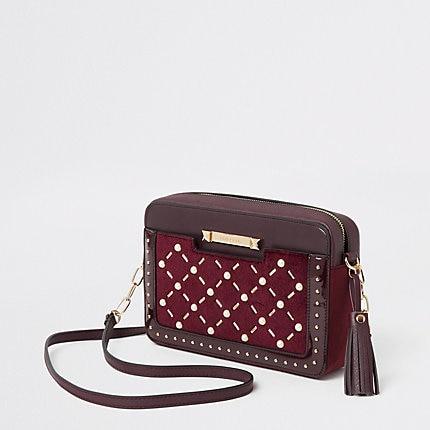 River Island Womens Velvet Pearl Studded Cross Body Bag