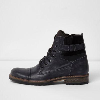 River Island Mens Side Buckle Leather Military Boots