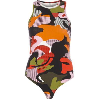 River Island Womens And Orange Camo Sleeveless Bodysuit