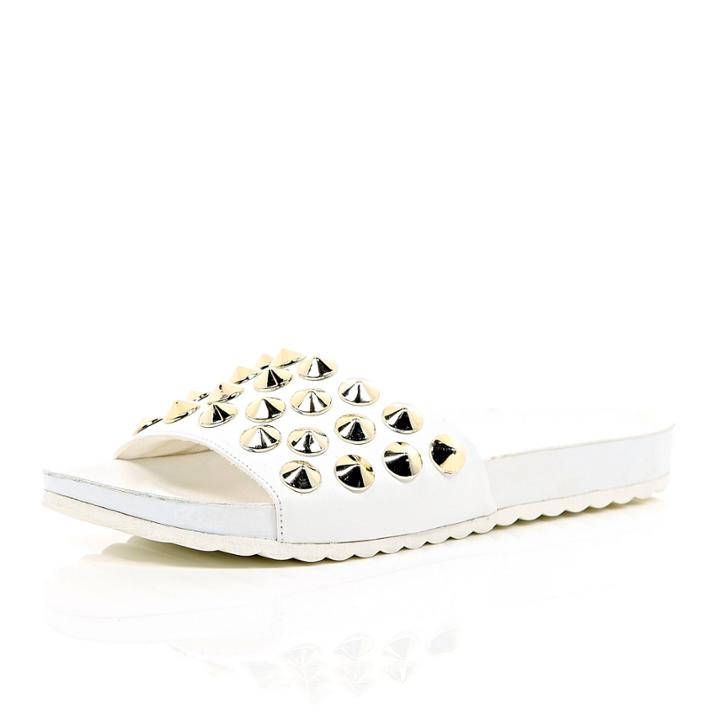 River Island Womens White Leather-look Studded Pool Sliders