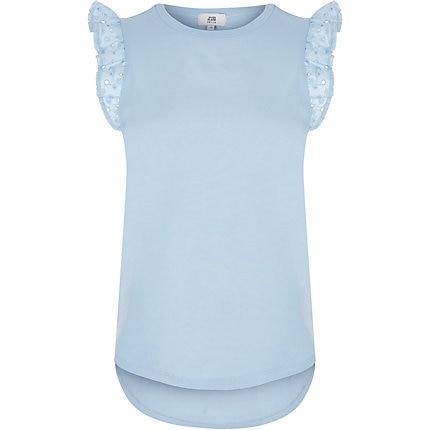 River Island Womens Petite Broiderie Frill T-shirt