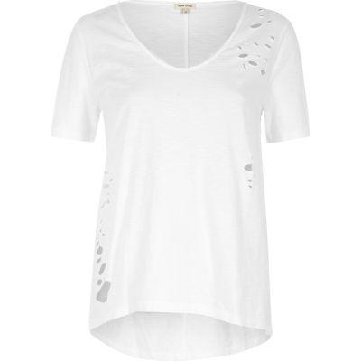 River Island Womens White Distressed Longline T-shirt
