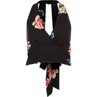 River Island Womens Floral Halter Tie Back Crop Top