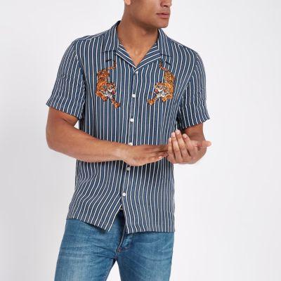 River Island Mens Stripe Tiger Embroidered Shirt