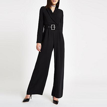 River Island Womens Tux Diamante Buckle Wide Leg Jumpsuit